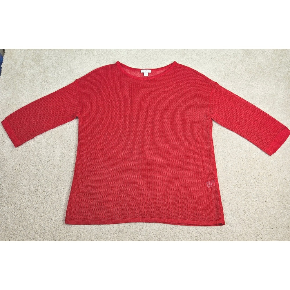 Women's J.Jill Red Linen‎ Blend Woven Knit Sweater Top 3/4 Length Sleeves Size S